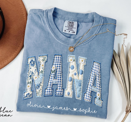 Personalized Nana Shirt With Grandkids Names, Comfort Colors® Floral Faux Patchwork Grandma Tee, Mothers Day Gift For Mim