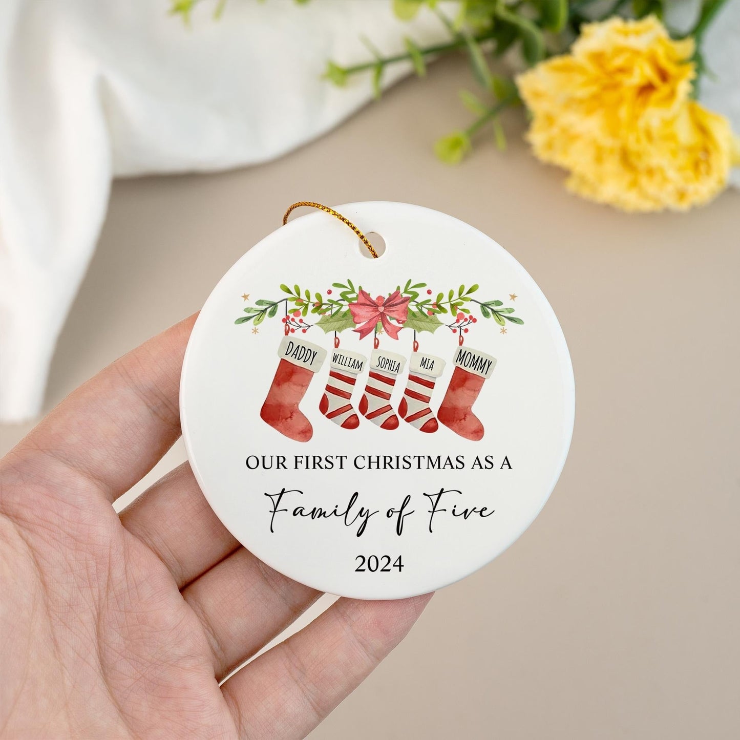 Personalized First Christmas Family Of Four Ornament 2025, Custom Ceramic Ornament Holiday Keepsake For New Parents