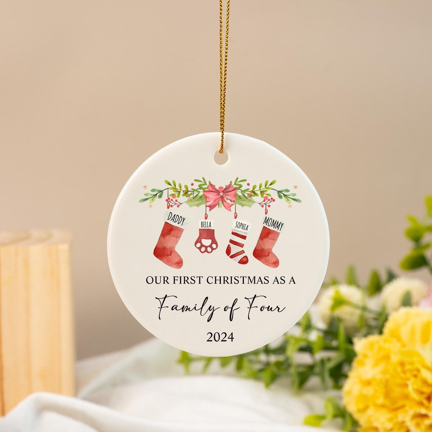 Personalized First Christmas Family Of Four Ornament 2025, Custom Ceramic Ornament Holiday Keepsake For New Parents