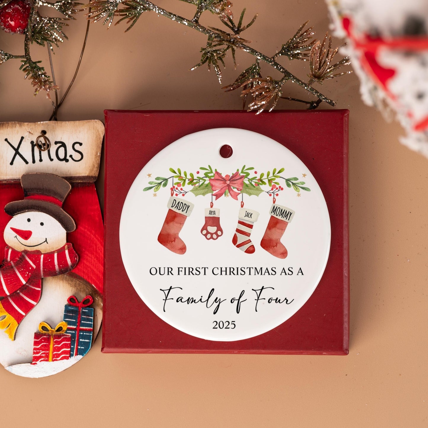 Personalized First Christmas Family Of Four Ornament 2025, Custom Ceramic Ornament Holiday Keepsake For New Parents