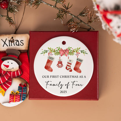 Personalized First Christmas Family Of Four Ornament 2025, Custom Ceramic Ornament Holiday Keepsake For New Parents