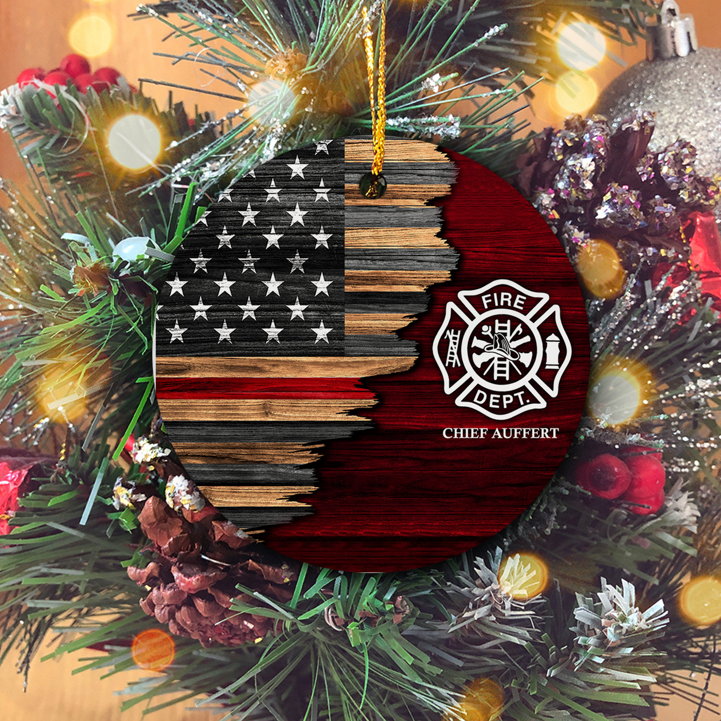 Personalized Firefighter Flag Ornament 2025 – Custom Thin Red Line American Flag Christmas Decoration for Firemen & Heroes