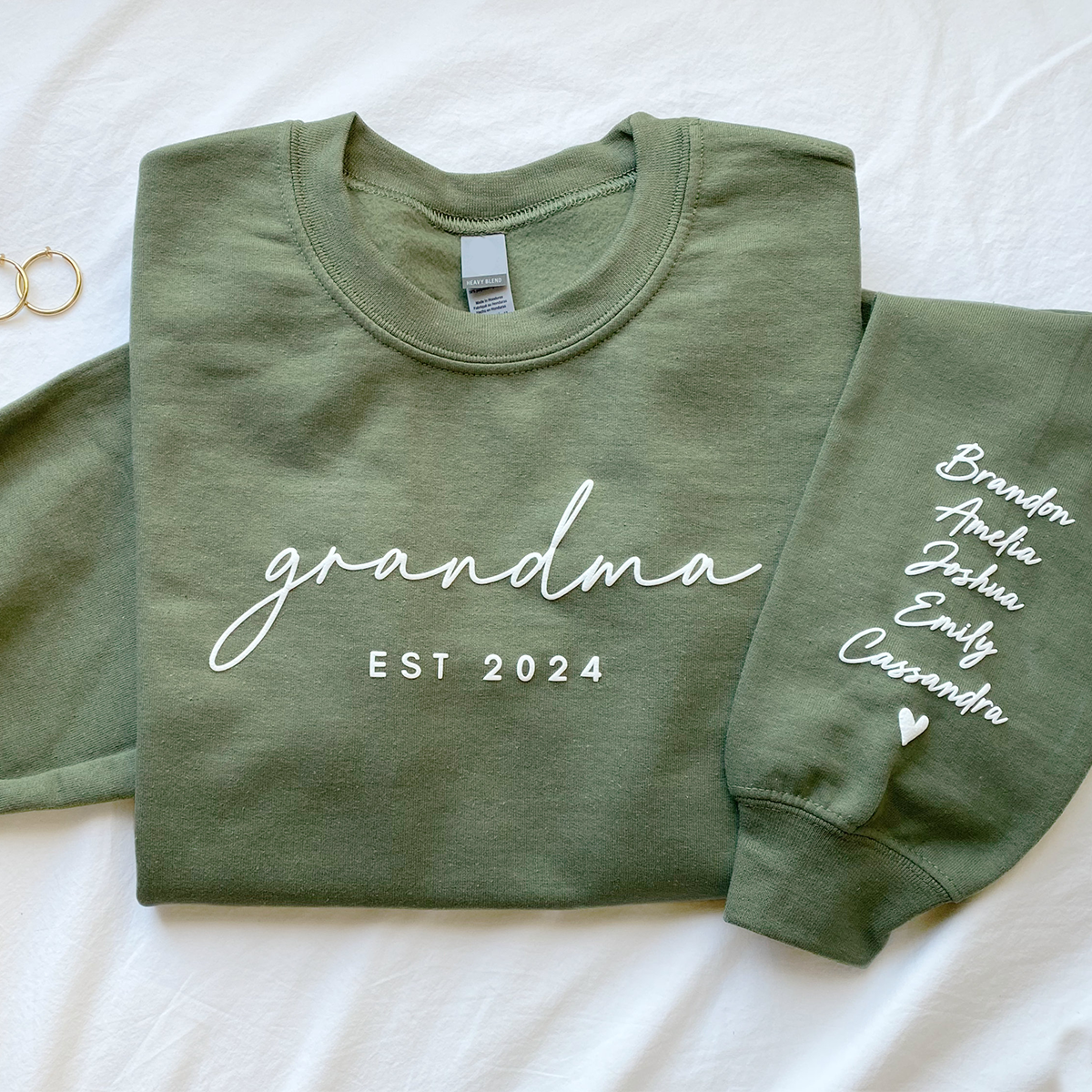 Custom Grandma Puff Design Sweatshirt Est Year with Grandkids Names on Sleeve