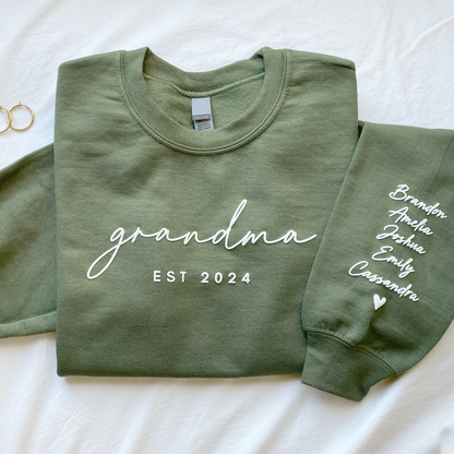 Custom Grandma Puff Design Sweatshirt Est Year with Grandkids Names on Sleeve