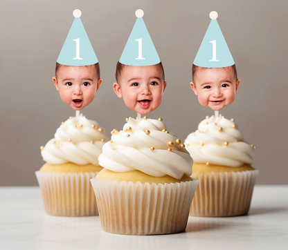 Customized Different Faces Photo Party hat cupcake topper, cupcake birthday, anniversary, baby any age people, pets