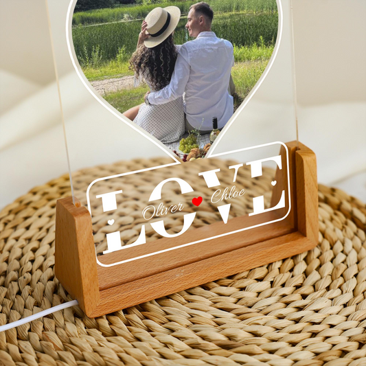 Personalized Heart Photo LED Acrylic Plaque with Custom Names, Romantic Couple Night Light Keepsake
