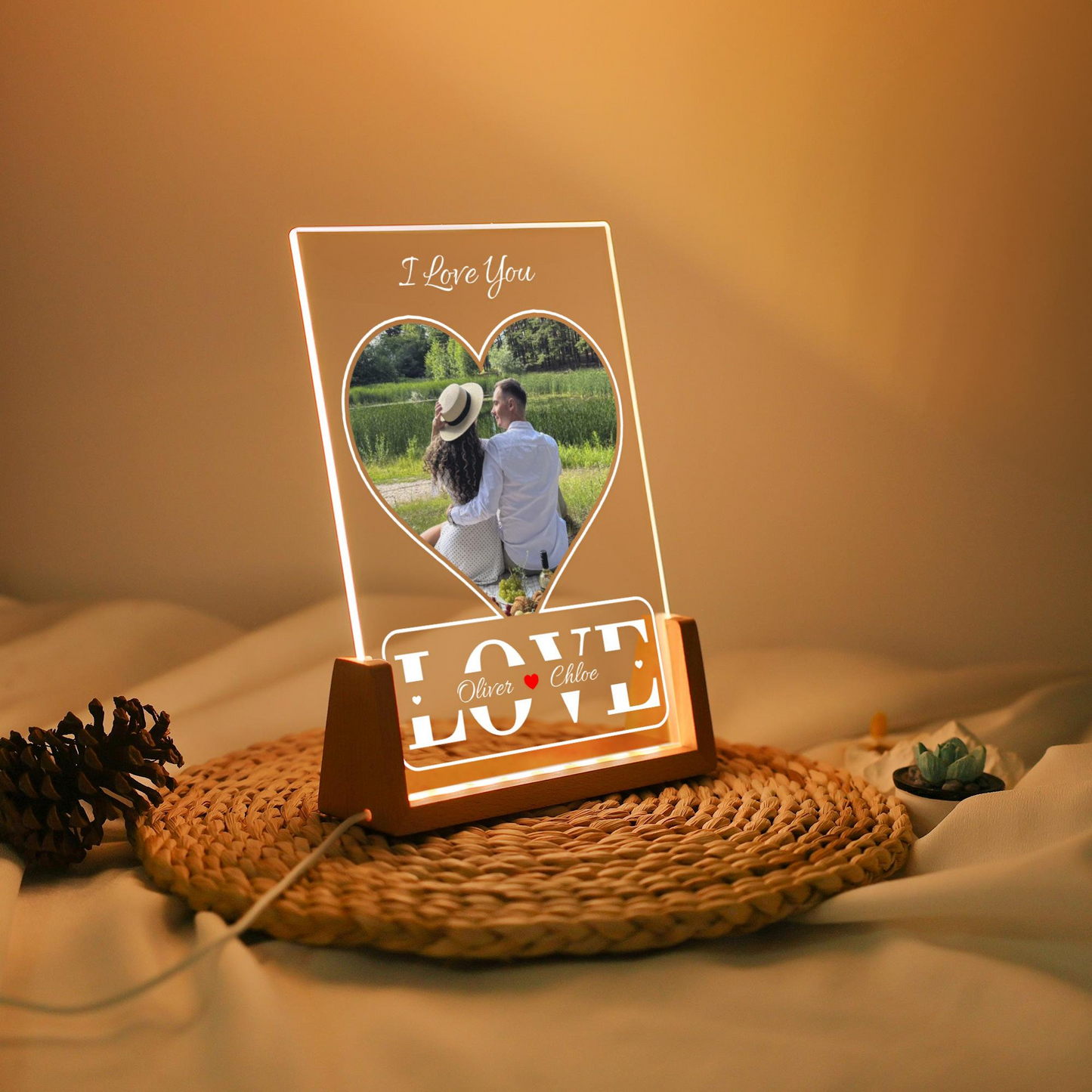 Personalized Heart Photo LED Acrylic Plaque with Custom Names, Romantic Couple Night Light Keepsake