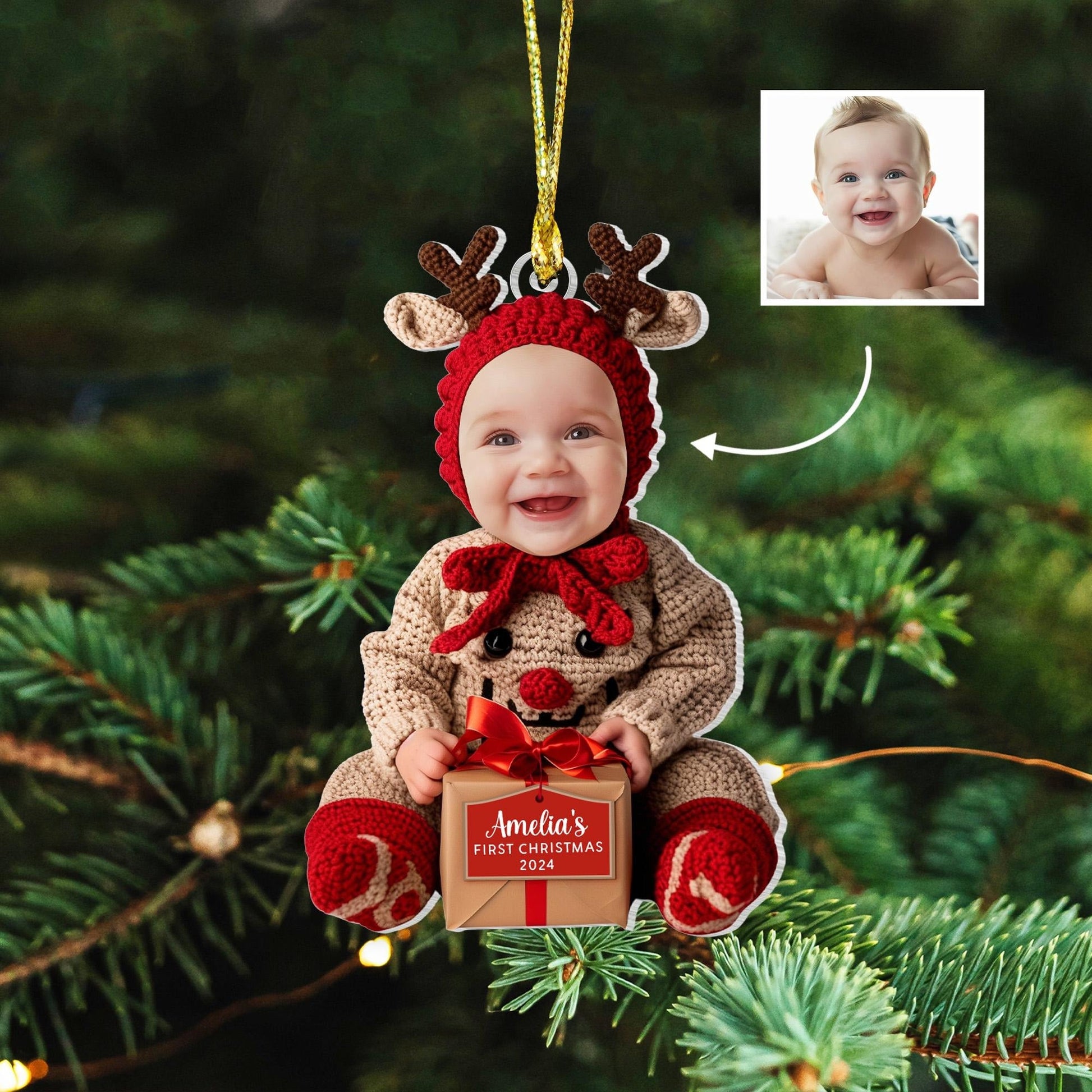 Custom Baby First Christmas Acrylic Ornament, Personalized Photo Holiday Reindeer Tree Decoration