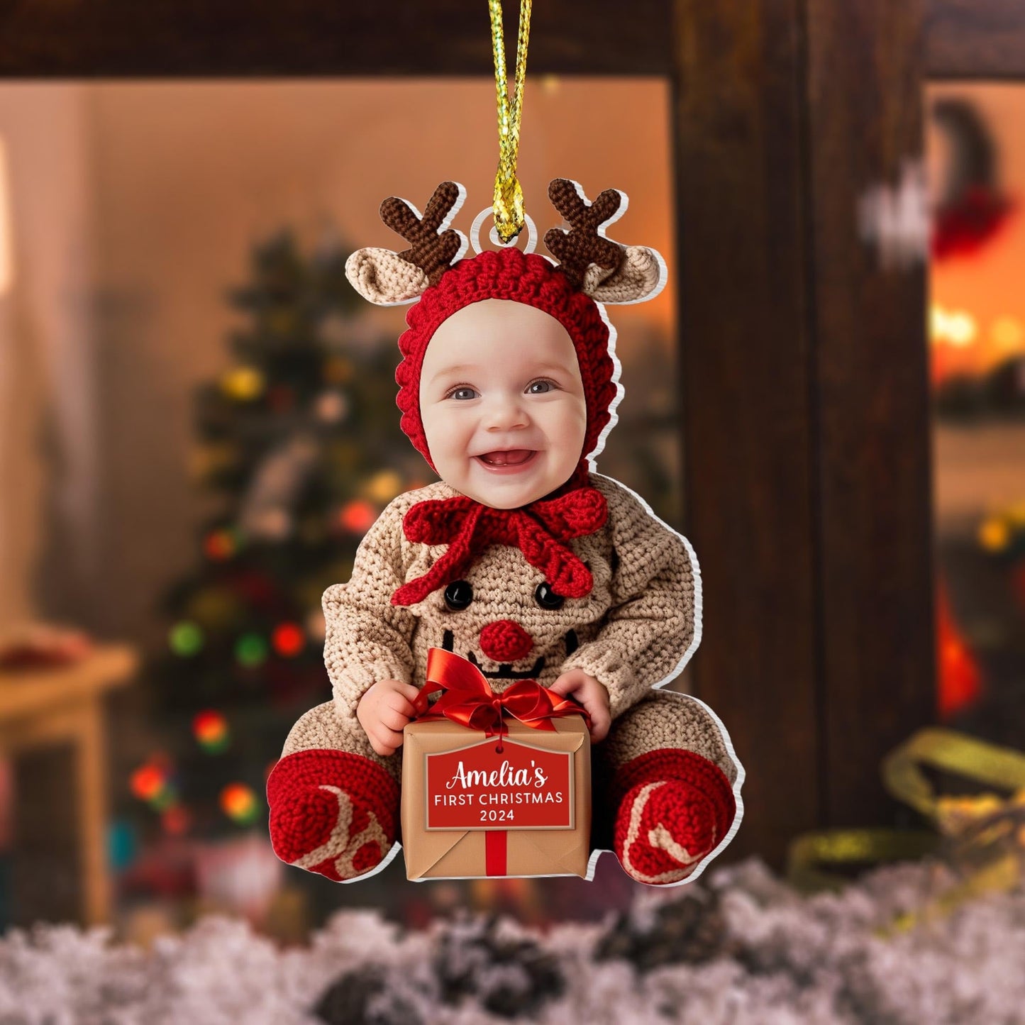 Custom Baby First Christmas Acrylic Ornament, Personalized Photo Holiday Reindeer Tree Decoration