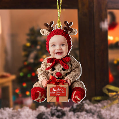 Custom Baby First Christmas Acrylic Ornament, Personalized Photo Holiday Reindeer Tree Decoration