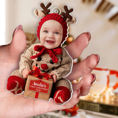 Custom Baby First Christmas Acrylic Ornament, Personalized Photo Holiday Reindeer Tree Decoration