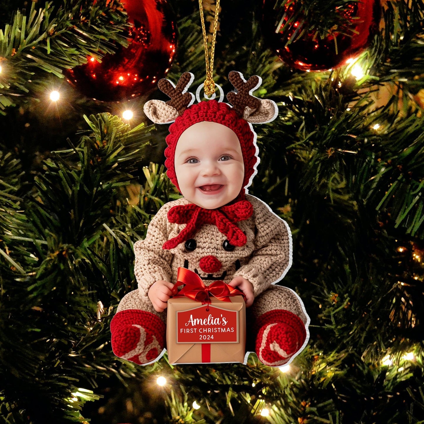 Custom Baby First Christmas Acrylic Ornament, Personalized Photo Holiday Reindeer Tree Decoration