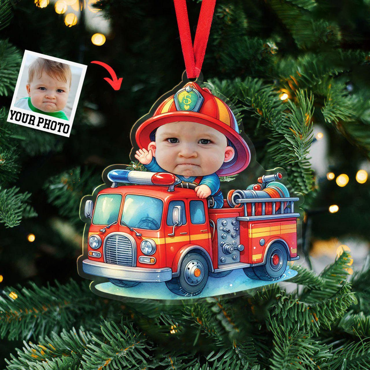 Personalized Baby Firefighter Ornament 2025 – Custom Photo Fire Truck Christmas Decoration, Unique Gift for Kids & Families