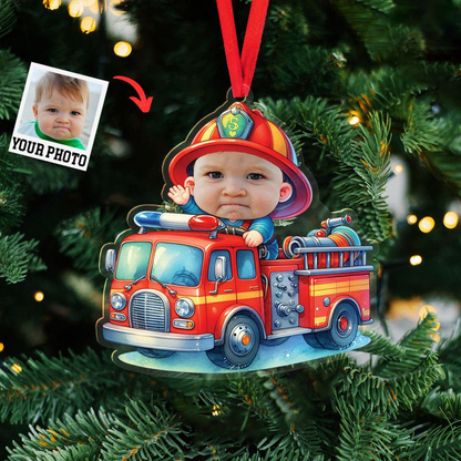 Personalized Baby Firefighter Ornament 2025 – Custom Photo Fire Truck Christmas Decoration, Unique Gift for Kids & Families