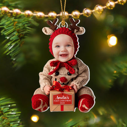 Custom Baby First Christmas Acrylic Ornament, Personalized Photo Holiday Reindeer Tree Decoration