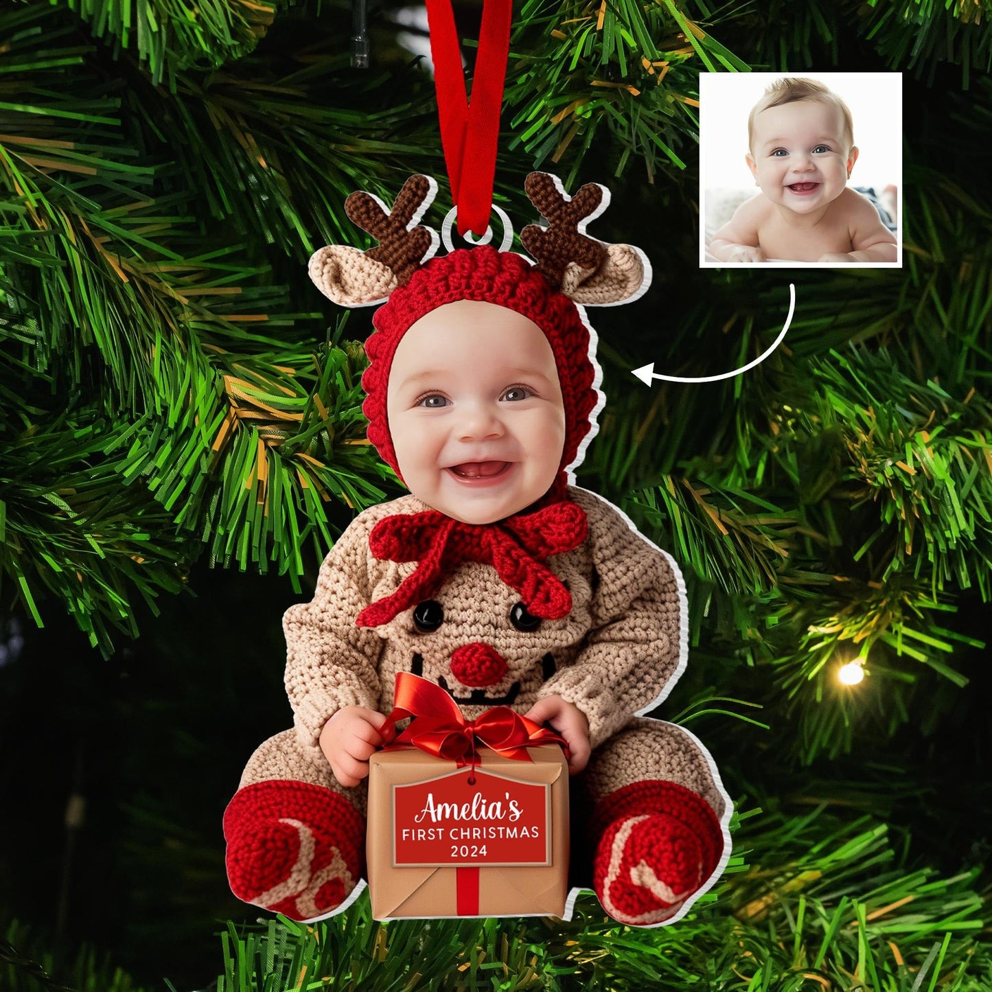 Custom Baby First Christmas Acrylic Ornament, Personalized Photo Holiday Reindeer Tree Decoration
