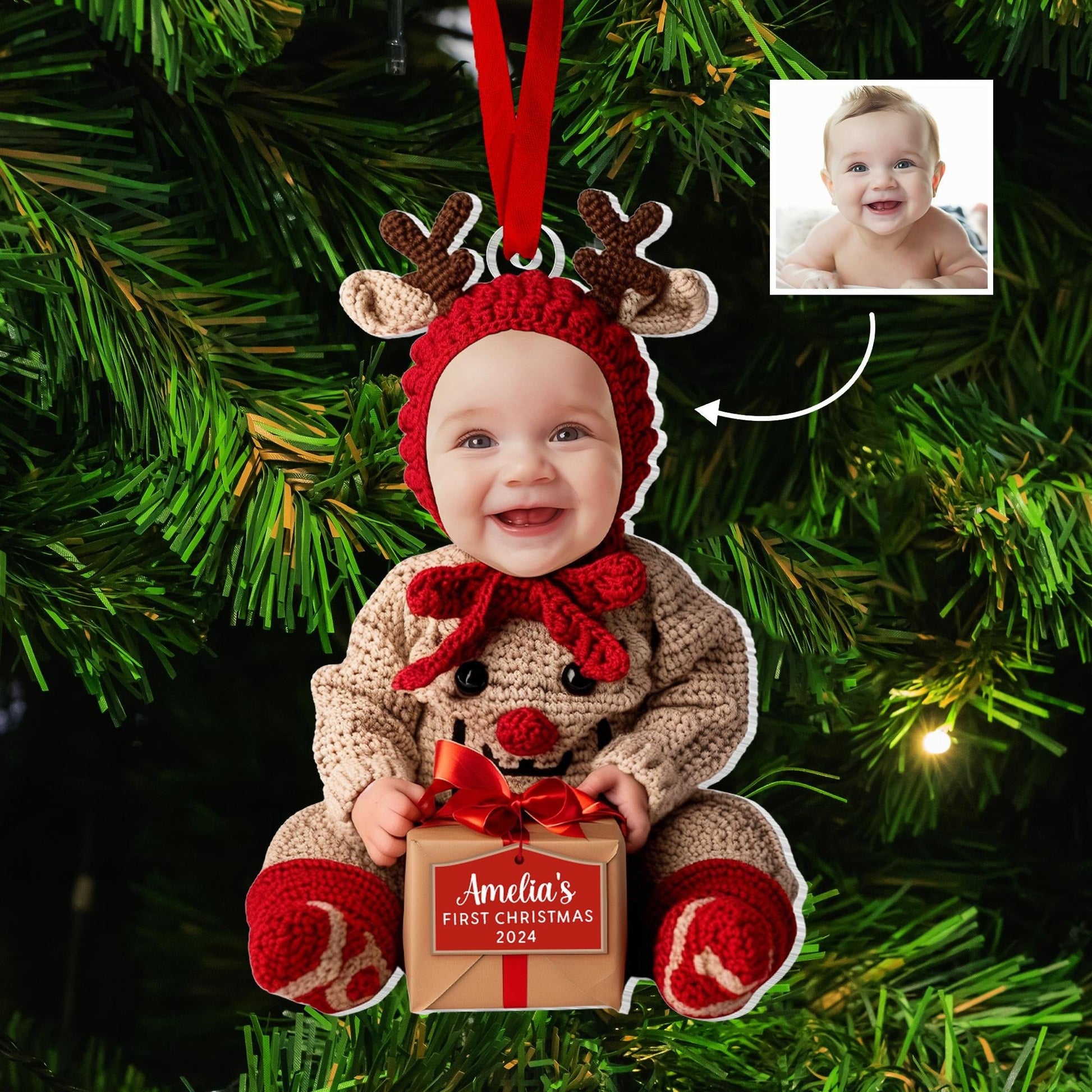 Custom Baby First Christmas Acrylic Ornament, Personalized Photo Holiday Reindeer Tree Decoration