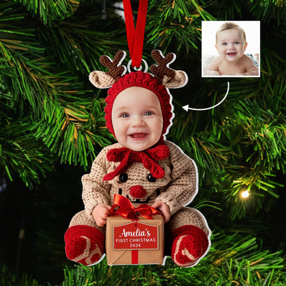 Custom Baby First Christmas Acrylic Ornament, Personalized Photo Holiday Reindeer Tree Decoration
