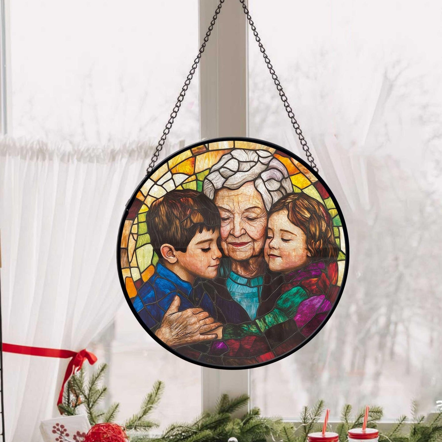Personalized Grandma, Grandkids Portrait Faux Stained Glass, Grandma Portrait From Photo Window Hanging, Christmas Gift For Grandma