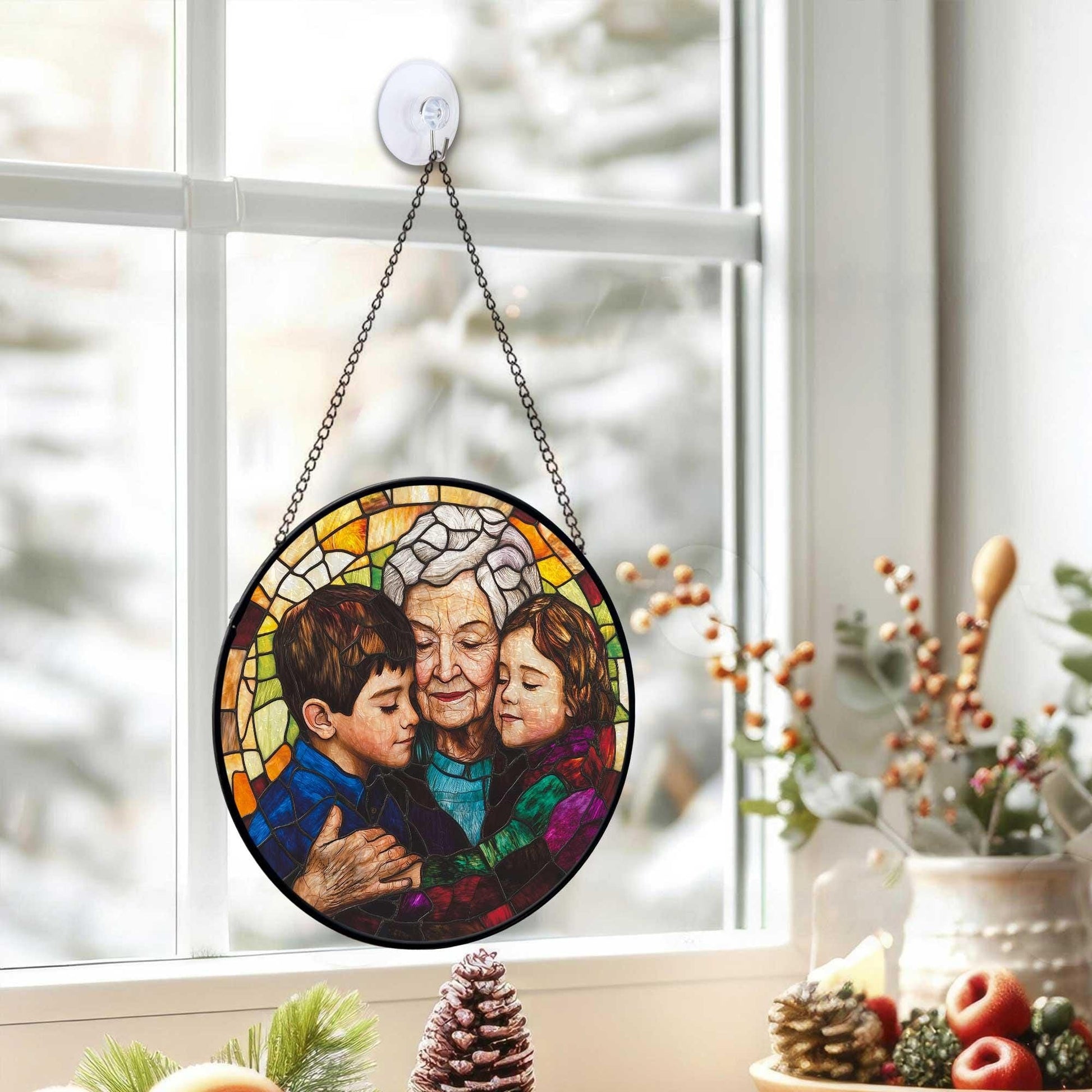 Personalized Grandma, Grandkids Portrait Faux Stained Glass, Grandma Portrait From Photo Window Hanging, Christmas Gift For Grandma