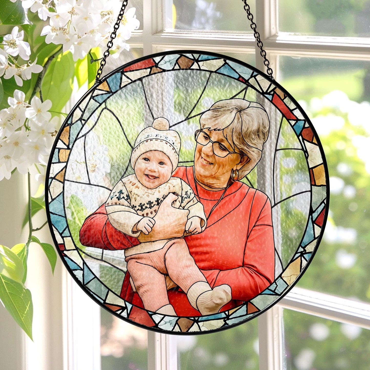 Personalized Grandma Portrait Stained Glass Suncatcher, Photo Glass Art, New Grandma Gift, Mother's Day Gift for Grandma, New Mom Gift 2025