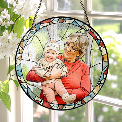 Personalized Grandma Portrait Stained Glass Suncatcher, Photo Glass Art, New Grandma Gift, Mother's Day Gift for Grandma, New Mom Gift 2025