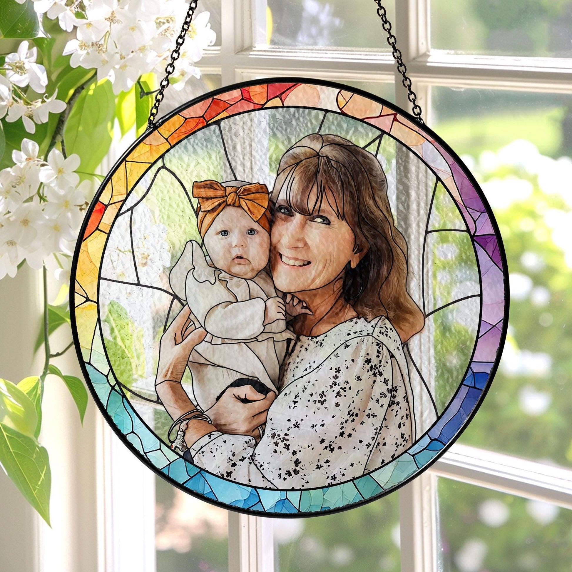 Personalized Grandma Portrait Stained Glass Suncatcher, Photo Glass Art, New Grandma Gift, Mother's Day Gift for Grandma, New Mom Gift 2025