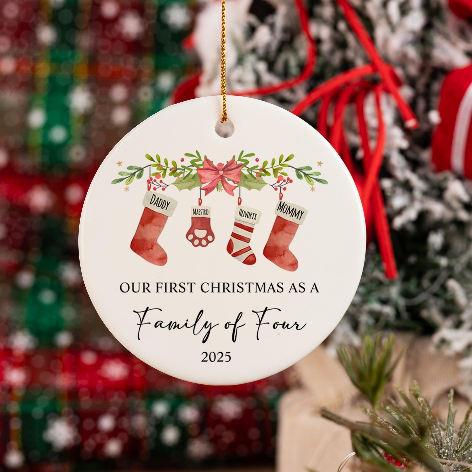 Personalized First Christmas Family Of Four Ornament 2025, Custom Ceramic Ornament Holiday Keepsake For New Parents
