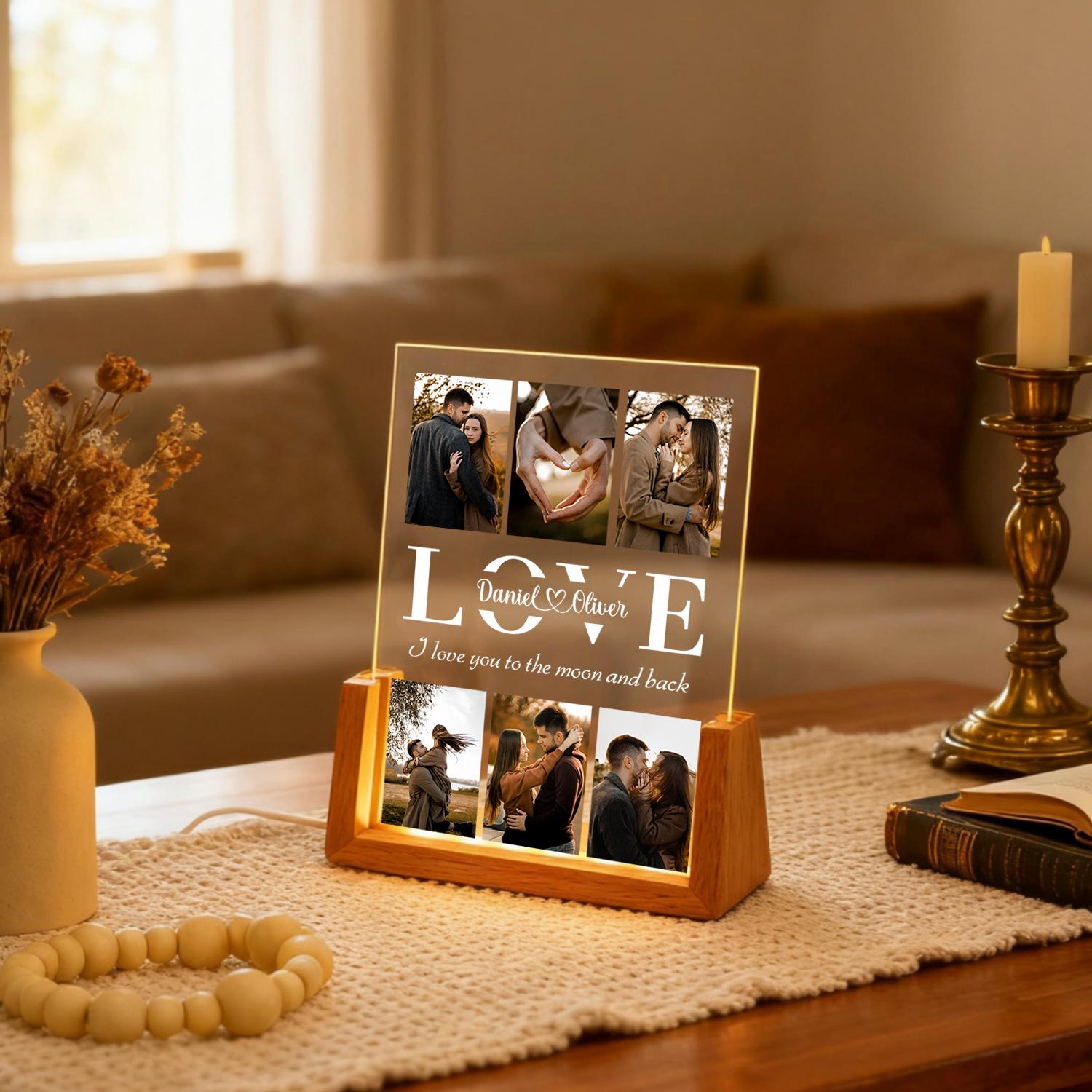 Personalized LED Acrylic Photo Collage Plaque with Custom Text, Meaningful Couple Keepsake Gift