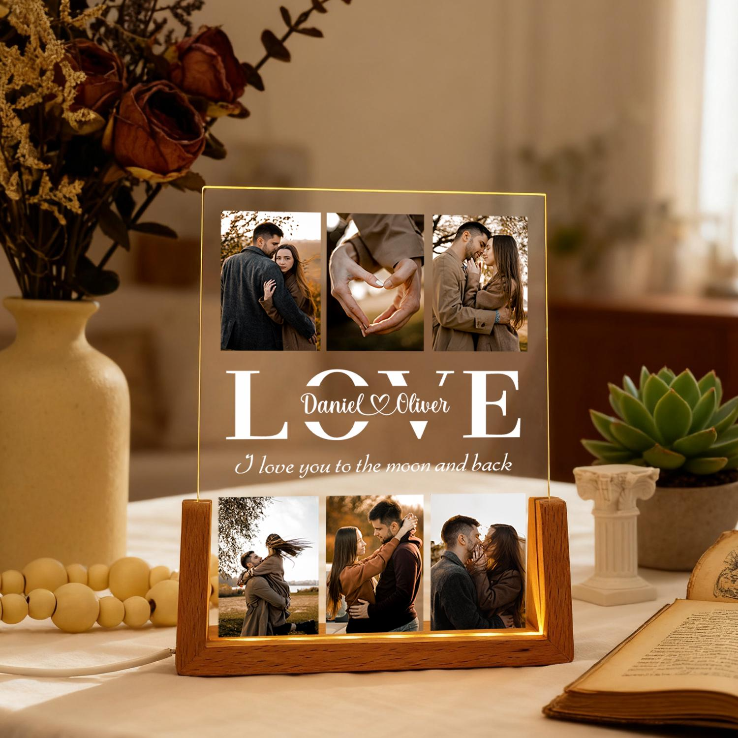 Personalized LED Acrylic Photo Collage Plaque with Custom Text, Meaningful Couple Keepsake Gift