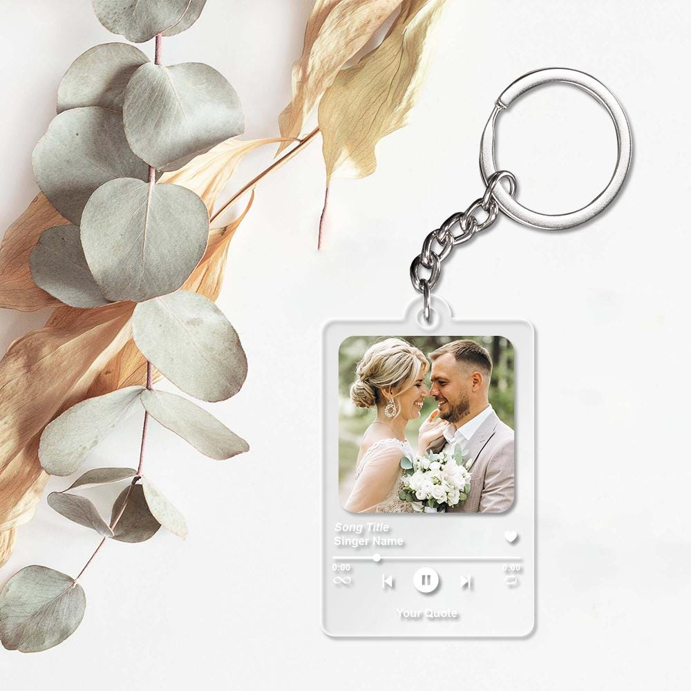 Personalized Song Photo Keychain with Custom Picture and Quote, Music Player Style Keychain for Couples, Wedding Anniversary Keepsake