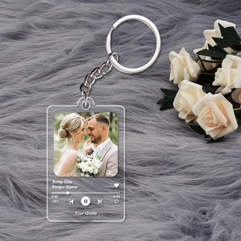 Personalized Song Photo Keychain with Custom Picture and Quote, Music Player Style Keychain for Couples, Wedding Anniversary Keepsake