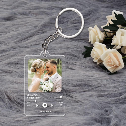 Personalized Song Photo Keychain with Custom Picture and Quote, Music Player Style Keychain for Couples, Wedding Anniversary Keepsake