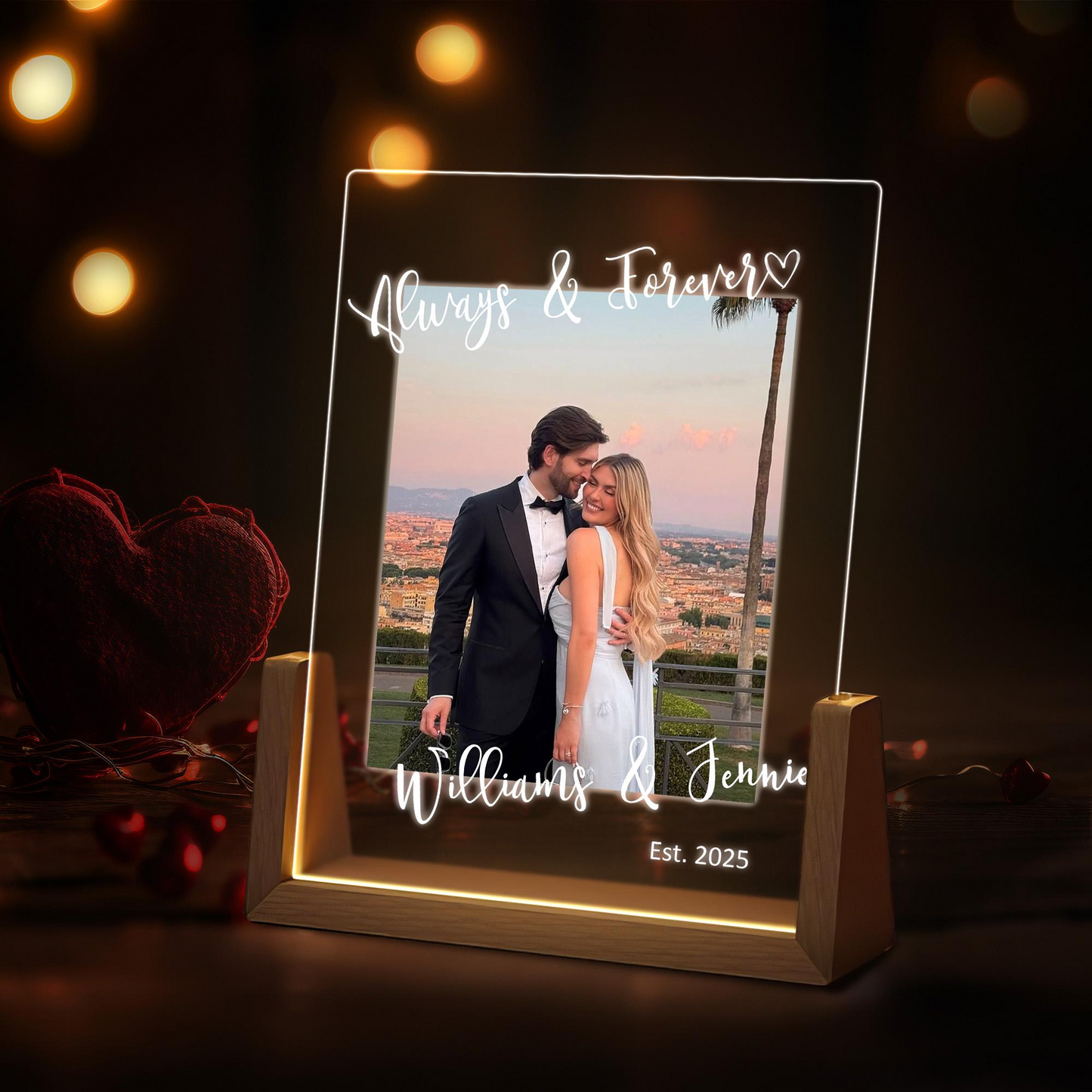 Custom Photo LED Acrylic Plaque with Names and Date, Romantic Home Decor for Couples