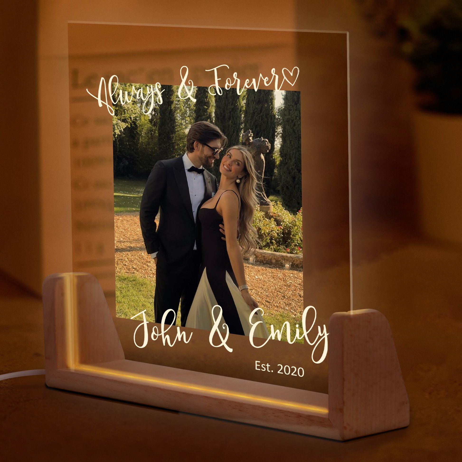 Custom Photo LED Acrylic Plaque with Names and Date, Romantic Home Decor for Couples