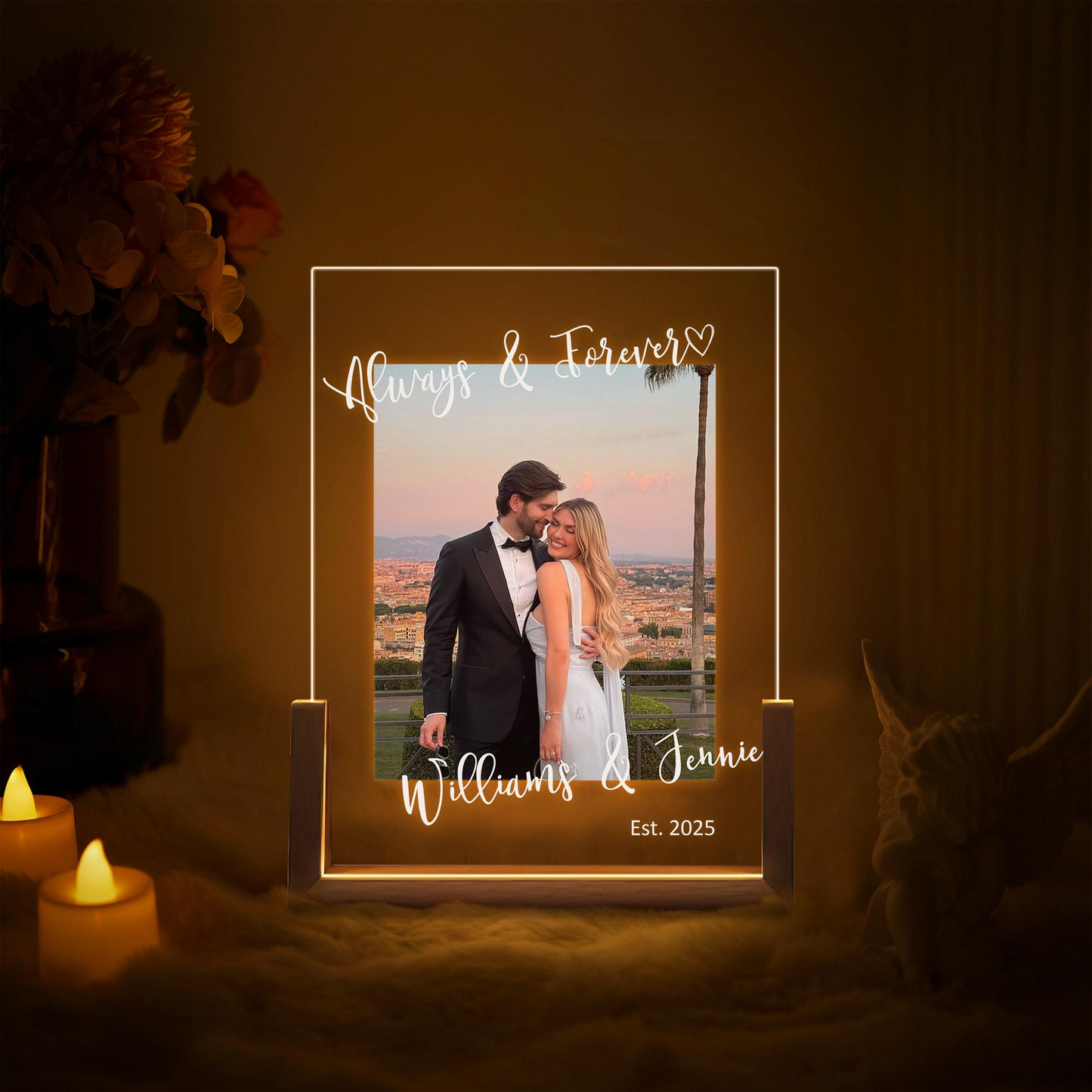 Custom Photo LED Acrylic Plaque with Names and Date, Romantic Home Decor for Couples