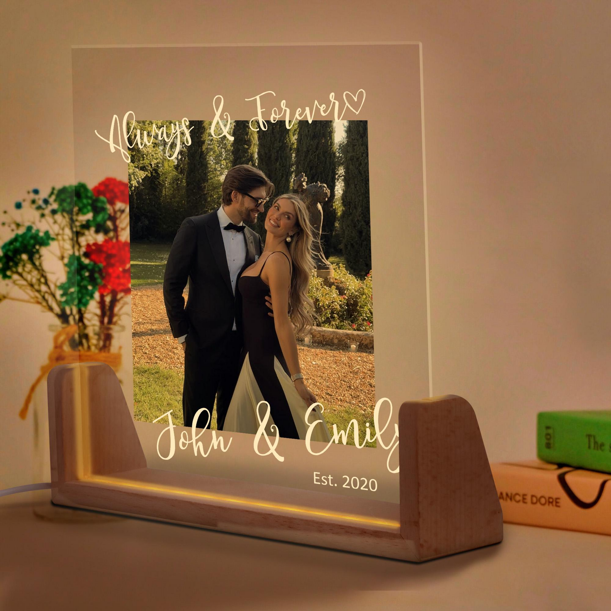 Custom Photo LED Acrylic Plaque with Names and Date, Romantic Home Decor for Couples
