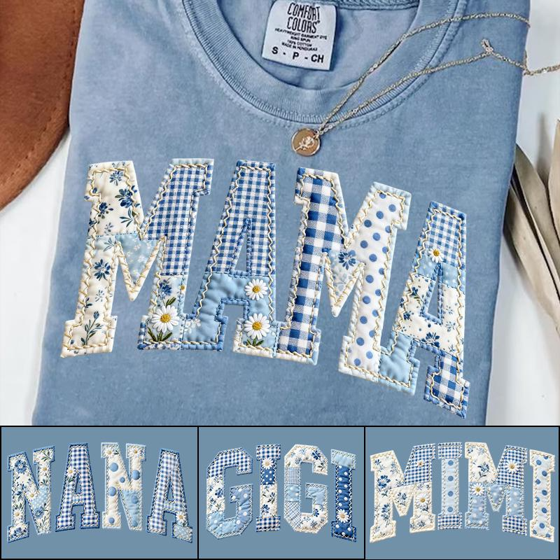 Comfort Colors Mama Patchwork T Shirt – Floral Blue Quilt Applique Mom Crewneck Pullover, Faux Embroidered Mimi Shirt Design