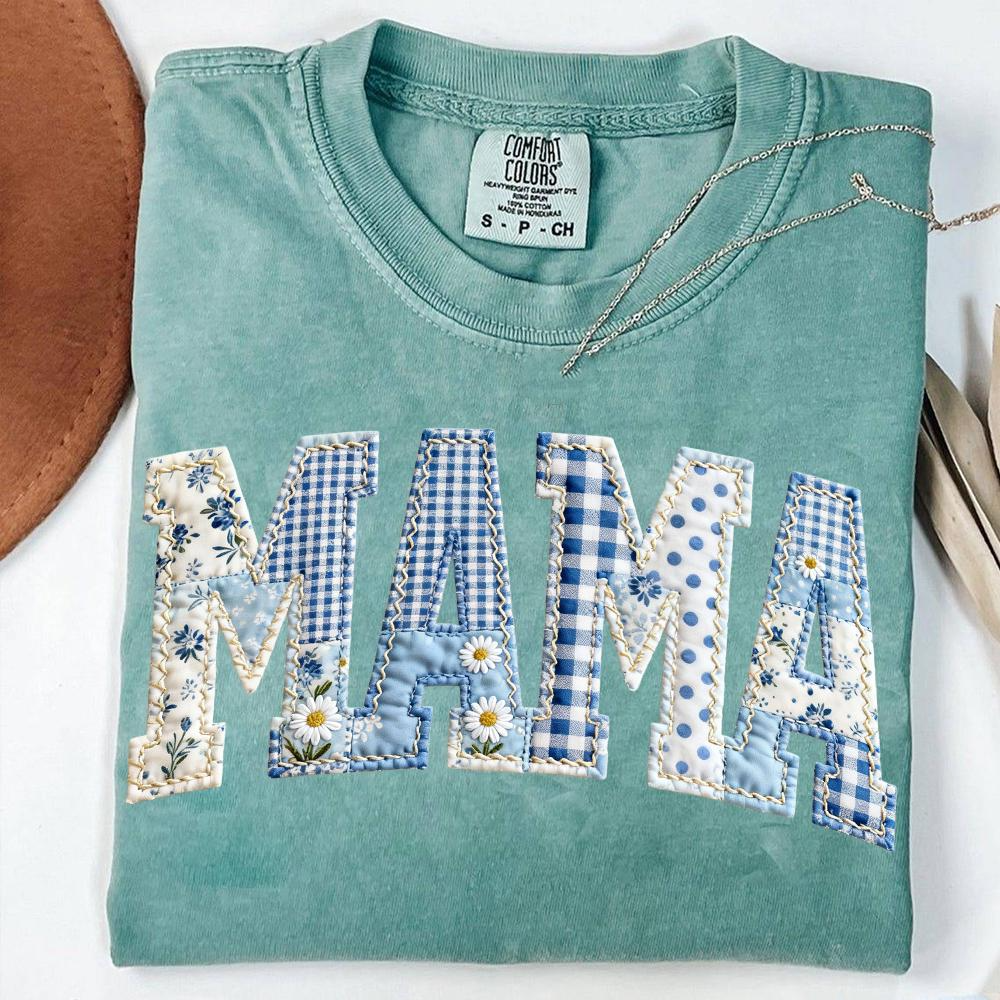 Comfort Colors Mama Patchwork T Shirt – Floral Blue Quilt Applique Mom Crewneck Pullover, Faux Embroidered Mimi Shirt Design