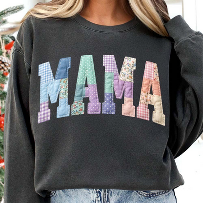 Mama Patchwork Sweatshirt for Women, Faux Embroidered Mimi Shirt Design, Cute Mother’s Day Gift for Mama Patchwork Sweatshirt for Women