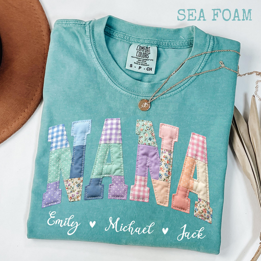 Comfort Colors Gigi Patchwork T Shirt – Faux Embroidered Mimi Shirt Design Shirt for Mom, Custom Mom or Grandma Gift