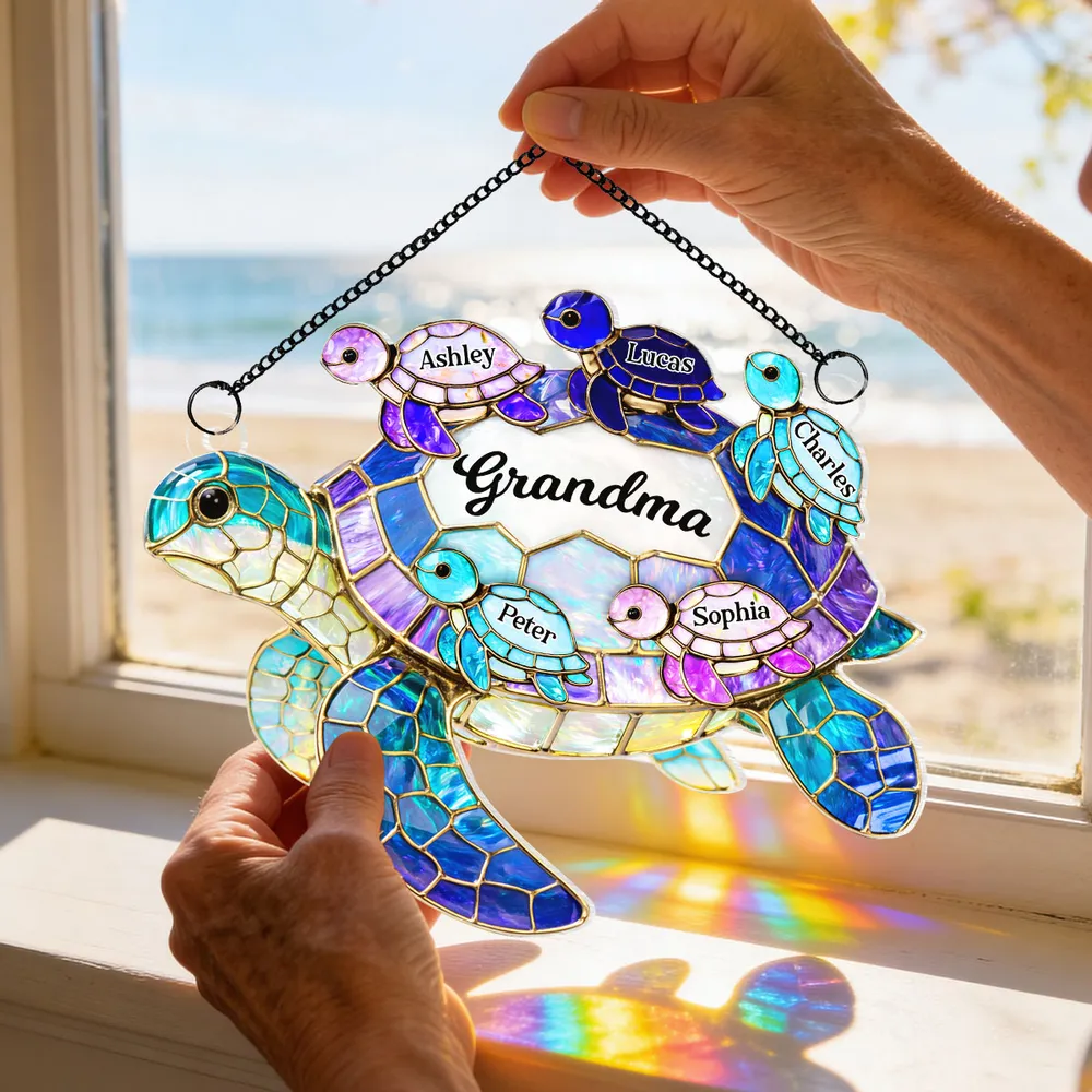 Custom Mom Grandma Sea Turtle Suncatcher Ornament, Personalized Mother's Day Gift with Kids Names