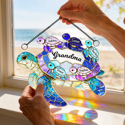 Custom Mom Grandma Sea Turtle Suncatcher Ornament, Personalized Mother's Day Gift with Kids Names