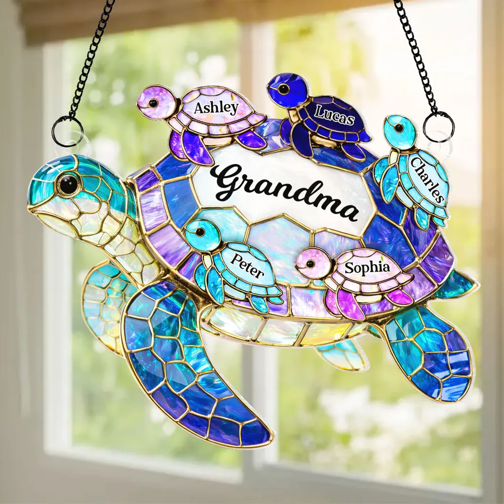 Custom Mom Grandma Sea Turtle Suncatcher Ornament, Personalized Mother's Day Gift with Kids Names