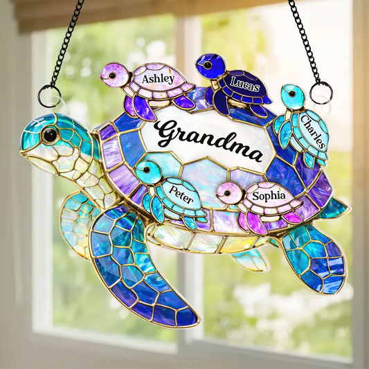 Custom Mom Grandma Sea Turtle Suncatcher Ornament, Personalized Mother's Day Gift with Kids Names