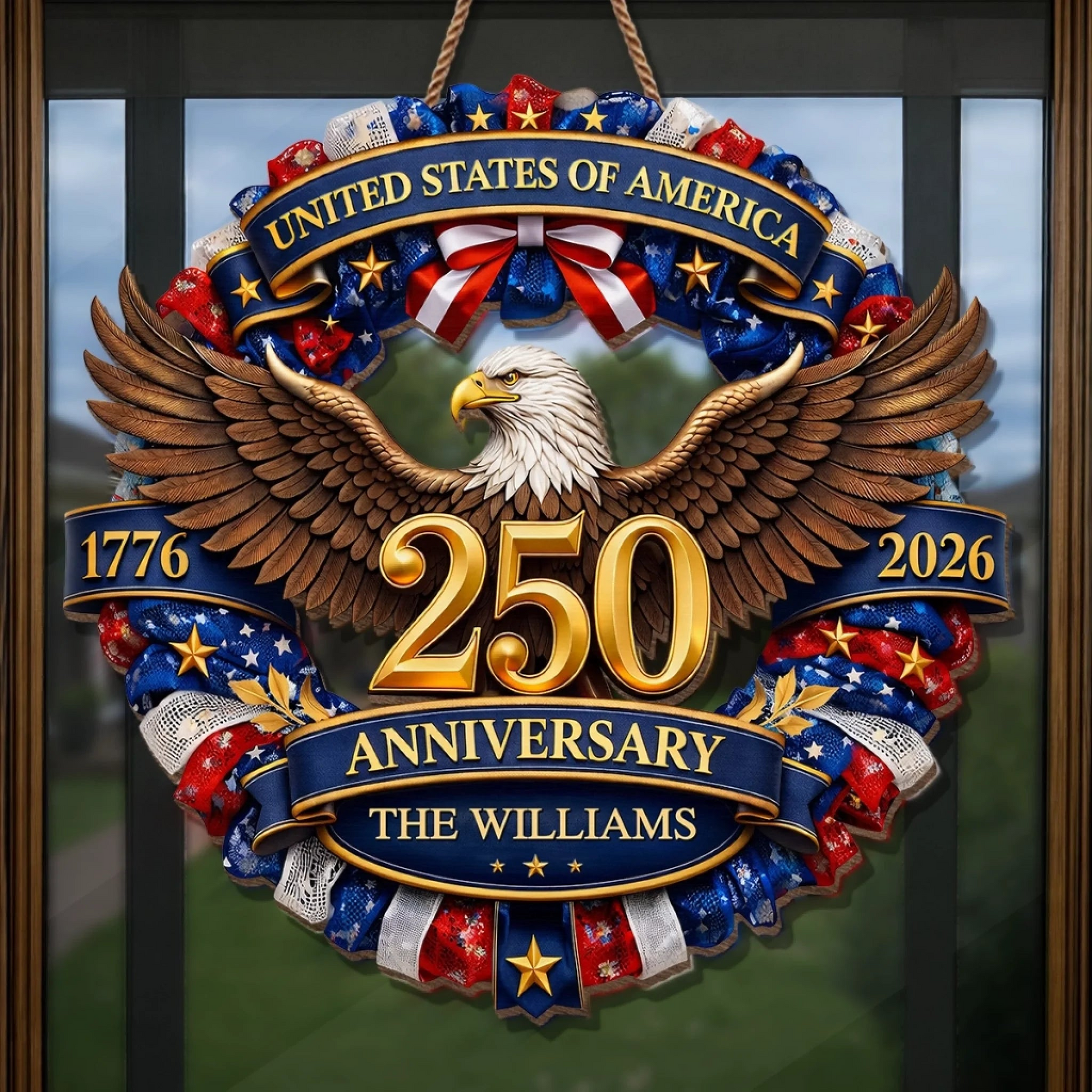 Custom Family Name Eagle Wood Sign, 250th Anniversary of the United States, 1776-2026 Patriotic Decoration