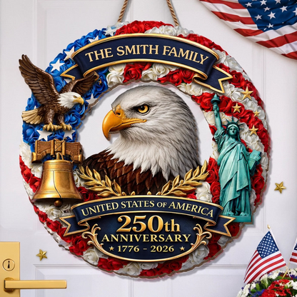 Personalized 250th Anniversary USA Eagle Wood Sign, Custom Family Name, Patriotic 1776-2026 Door Hanger