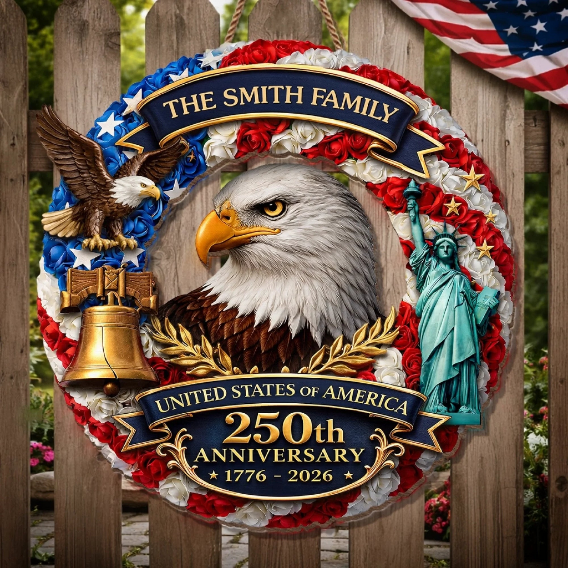 Personalized 250th Anniversary USA Eagle Wood Sign, Custom Family Name, Patriotic 1776-2026 Door Hanger