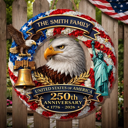 Personalized 250th Anniversary USA Eagle Wood Sign, Custom Family Name, Patriotic 1776-2026 Door Hanger
