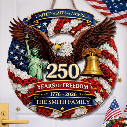 250 Years of Freedom American Eagle Wood Sign, Personalized Family Name, Patriotic USA 1776-2026 Decoration
